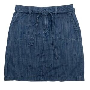 TALBOTS Women's Embroidered Blue Denim Pencil Skirt Tie Belt Back‎ Pockets 4